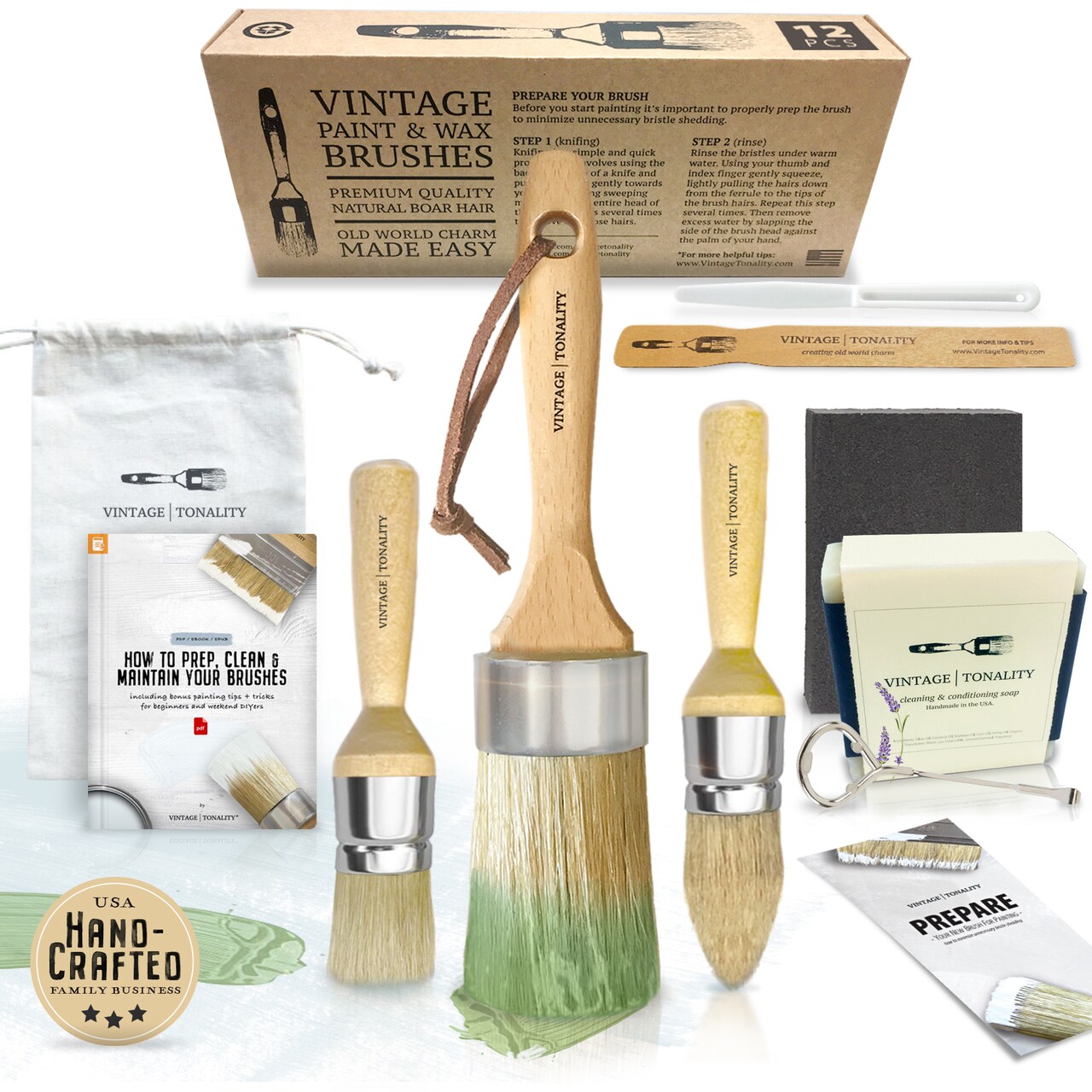 3 PCS Signature Chalk Paint Brush Set, Chalk Paint Brush for Furniture Painting or Waxing, Includes 3 Brushes + Extras, Large and Small DIY Painting Projects, Vintage Tonality